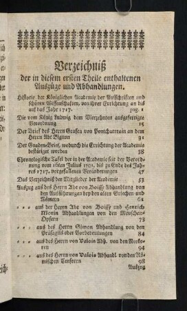 b8r-b8v, Verzeichniß der in diesem ersten Theile enthaltenen Auszuege und Abhandlungen