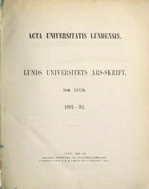 Lunds Universitets årsskrift. 28. 1891/92