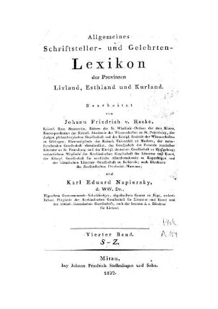 Allgemeines Schriftsteller- und Gelehrten-Lexicon der Provinzen Livland, Esthland und Kurland, 4. S - Z