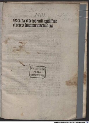 Stella clericorum : mit Gedicht ‘Aspice presentis...’ auf das Werk in Akrostichonform zur Nennung des Druckers Antoine Caillaut