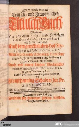 Neues vollkommenes Teutsch- und Frantzösisches Titular-Buch