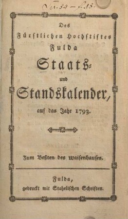 1793: Des Fürstlichen Hochstifts Fulda Staats- und Standskalender