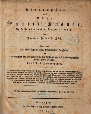 Biographie des Abbts Mauriz Knauer, Verfasser des hundertjährigen Kalenders