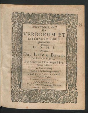 Disputatio VIII. De Verborum Et Literarum Obligationibus