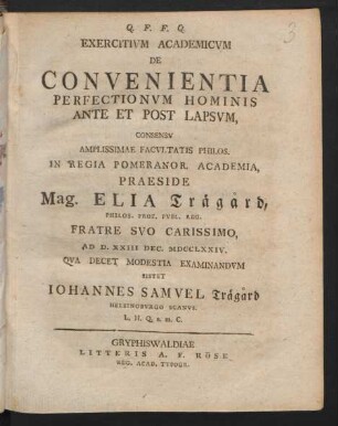 Exercitium Academicum De Convenientia Perfectionum Hominis Ante Et Post Lapsum