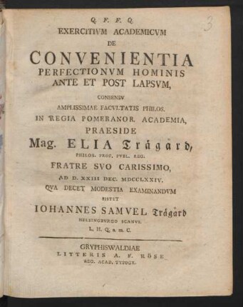 Exercitium Academicum De Convenientia Perfectionum Hominis Ante Et Post Lapsum