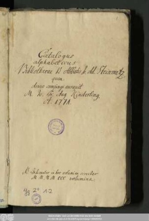 Catalogus alphabeticus Bibliothecae b. Abbatis Jo. Ad. Steinmetz