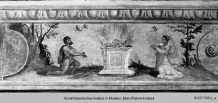 Deckendekoration : Deckenstreifen mit einer Pergola, der Geschichte des Herkules, Groteskendekoration und einem Fries mit Jagdszenen