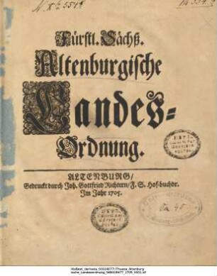 Fürstl. Sächß. Altenburgische Landes-Ordnung
