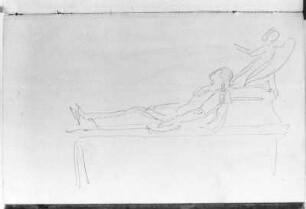 Studie eines Grabmals : Rietschel, Ernst. Studie eines Grabmals: Liegefigur eines Ritters auf einer Tumba, über seinem Haupt ein kniender Engel. Skizzenbuch K, fol. 6 v. Bleistift auf elfenbeinfarbenen Velin; 18,5 x 11,6 cm (Blattgröße). Juni/Juli 1843/1855 und 1859. Privatbesitz. WVZ S. 330