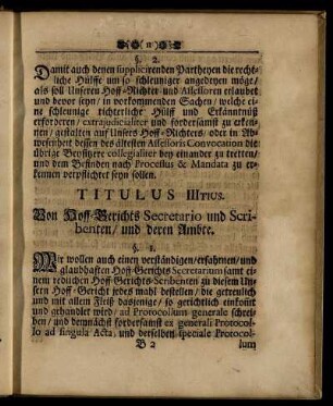 Titulus IIItius. Von Hoff-Gerichts Secretario und Scribenten, und deren Ambte.