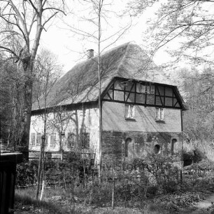 Nütschauer Mühle: Fachwerkbau mit Reetdach: davor Mühlenbach: im Vordergrund Sträucher: links und hinten Bäume: vorn links Brückenteil