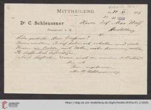 Brief von Carl Schleussner von Dr. C. Schleussner AG (Frankfurt, Main) an Max Wolf