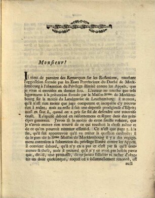 Analise Des Remarqves Svr Les Reflexions Tovchant L'Opposition Formée Par Les Etats Provinciavx Du Duché De Mecklembourg : A L'Obtention Du Privilege Illimité Contre Les Appels. En forme de Lettre, [1]