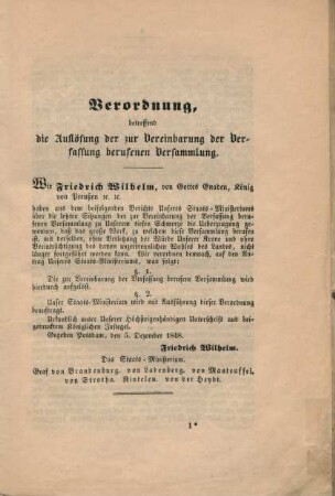 Verordnung, betreffend die Auflösung der zur Vereinbarung der Verfassung berufenen Versammlung.