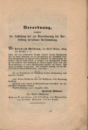 Verordnung, betreffend die Auflösung der zur Vereinbarung der Verfassung berufenen Versammlung.