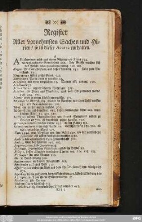 Register Aller vornehmsten Sachen und Historien, so in dieser Acerra enthalten.