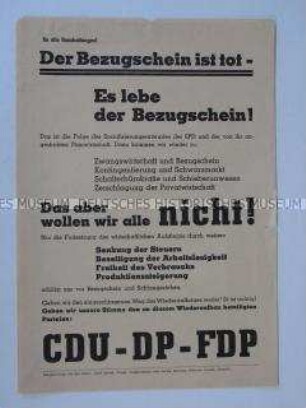 Propagandaflugblatt der konservativen Parteien CDU, DP und FDP gegen die Wirtschaftspolitik der SPD-Landesregierung in Schleswig-Holstein