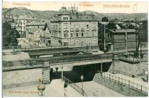 Kötzschenbroda. Blick vom Bahnhof auf Postamt und Friedensburg