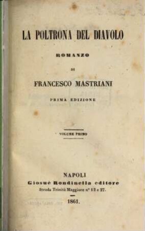 La poltrona del diavolo : Romanzo di Francesco Mastriani. Volume 1