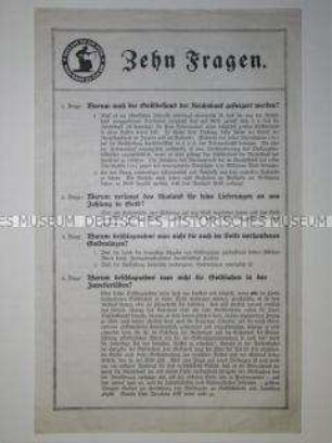 Flugblatt "Zehn Fragen" (zur Steigerung des Goldbestandes der Reichsbank, Rechtfertigung der Goldabgabe)
