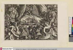 [Trophäen in der Mitte eine Szene mit Reitern; Trophée d'armes formant comme une bordure]