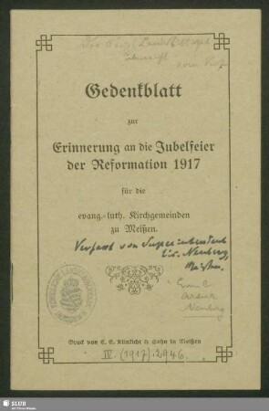 Gedenkblatt zur Erinnerung an die Jubelfeier der Reformation 1917 : für die evang.-luth. Kirchgemeinden zu Meißen