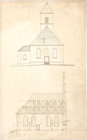 Dolmetsch, Heinrich; Tuningen; Ev. Pfarrkirche, Restaurierung - Alter Zustand - Ostseite (Ansicht); Südseite (Längsschnitt)