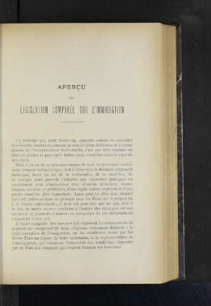 Apercu De Législation Comparée Sur L'Immigration.