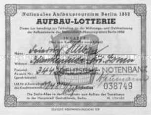 Los der Aufbau-Lotterie des Nationalen Aufbauprogramms Berlin 1952