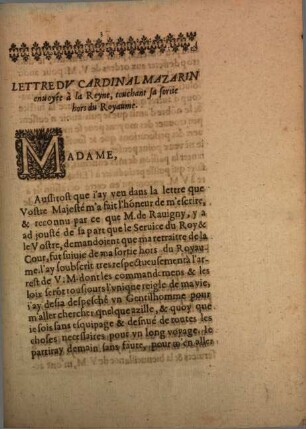 Lettre du Cardinal Mazarin envoyée à la Reyne touchant sa sortie hors du royaume : du sixiesme Mars 1651