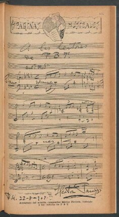 Autógrafo del notable compositor Héctor Panizza, dedicado á las lectores de PBT - [Para piano] : Páginas musicales