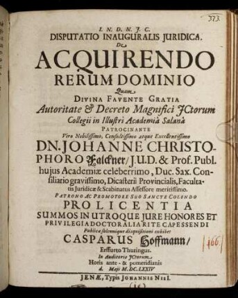 Disputatio Inauguralis Iuridica. De Acquirendo Rerum Dominio