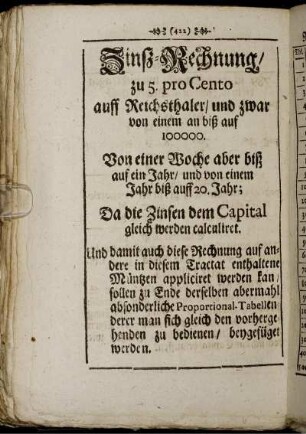 Zinß-Rechnung, zu 5. pro Cento auff Reichsthaler, und zwar von einem an biß auf 1000000. [...]