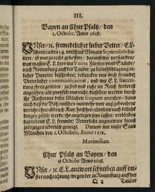 111, Bayrn an Chur Pfaltz den 1. Octobr Anno 1618