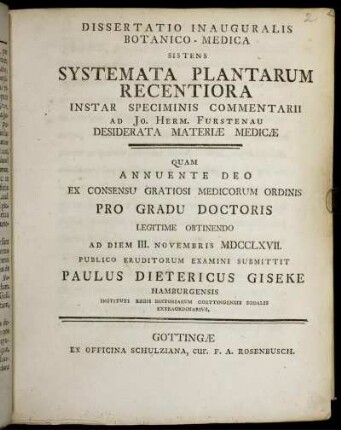 Dissertatio Inauguralis Botanico-Medica Sistens Systemata Plantarum Recentiora Instar Speciminis Commentarii Ad Jo. Herm. Furstenau Desiderata Materiæ Medicæ