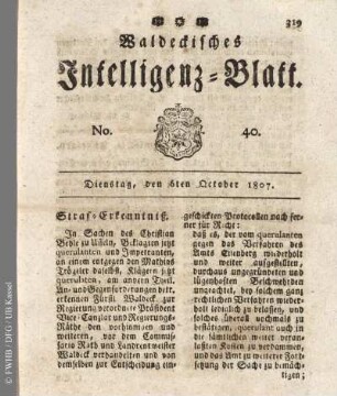 No. 40, Dienstag, den 6ten October 1807