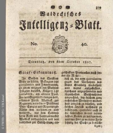 No. 40, Dienstag, den 6ten October 1807