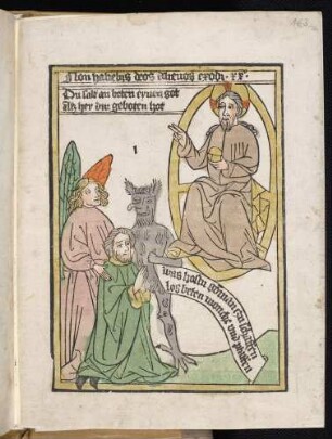 1. Gebot (Du sollst keine anderen Götter neben mir haben). Engel, Betender, Teufel, Gottvater in Mandorla