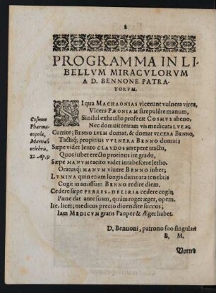 Programma In Libellum Miraculorum A. D. Bennone Patratorum.
