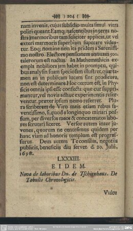 LXXXIII. EIDEM. Nova de laboribus Dn. de Tschirnhaus. De Tabulis Chronologicis
