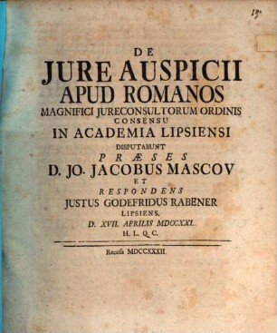 De Jure Auspicii Apud Romanos