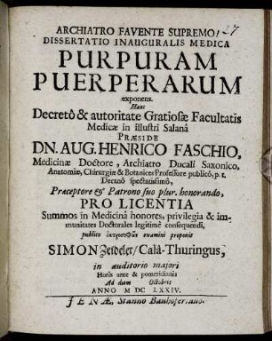 Dissertatio Inauguralis Medica Purpuram Puerperarum exponens