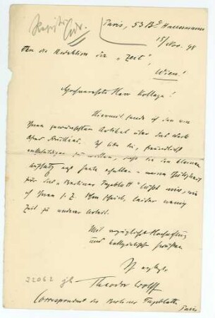 Korrespondenz von Theodor Wolff an Zeit