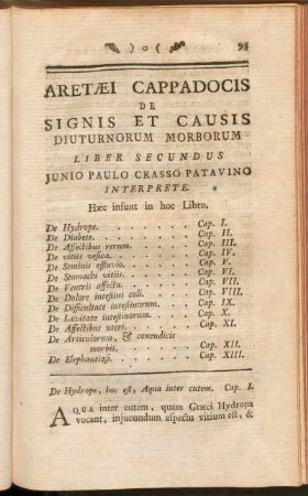 Aretaei Cappadocis De Signis Et Causis Diuturnorum Morborum Liber Secundus