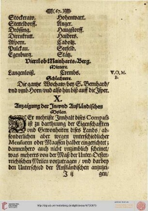 X. Anzaigung der In/vund Außländischen Meilen