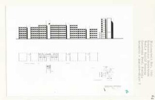 Krankenhaus Heerstraße, Berlin (Diplomarbeit bei Peter Poelzig): Grundriss Personalwohnungen und Ansicht von Süden 1:200