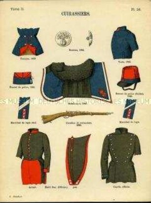 Uniformdarstellung, Detailstudien von Röcken, Abzeichen, Knöpfen, Schabracke und Kürassier-Karabiner verschiedener Kürassier-Regimenter, Frankreich, 1845/1892.