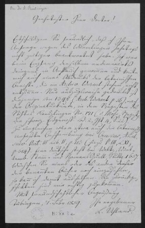 Brief von Ludwig Uhland an Anton Birlinger : 1 Brief