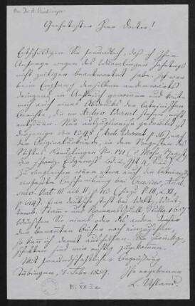 Brief von Ludwig Uhland an Anton Birlinger : 1 Brief